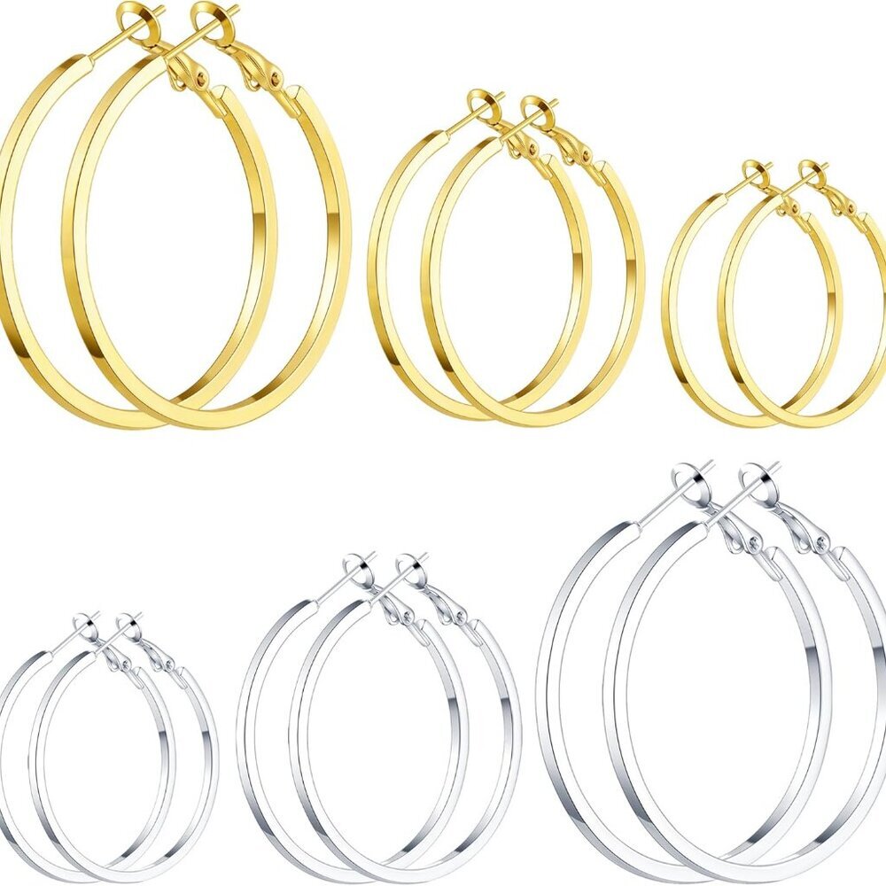 Set of 6 Hypoallergenic Gold Silver Hoop Earrings for Women, Lightweight, Stylis